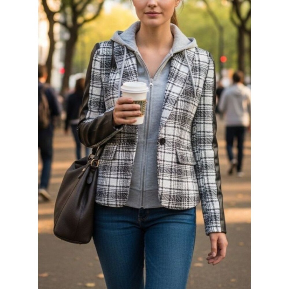 Central Park West Plaid Mixed Media Hoodie Blazer Jacket Wm XS Preppy Casual